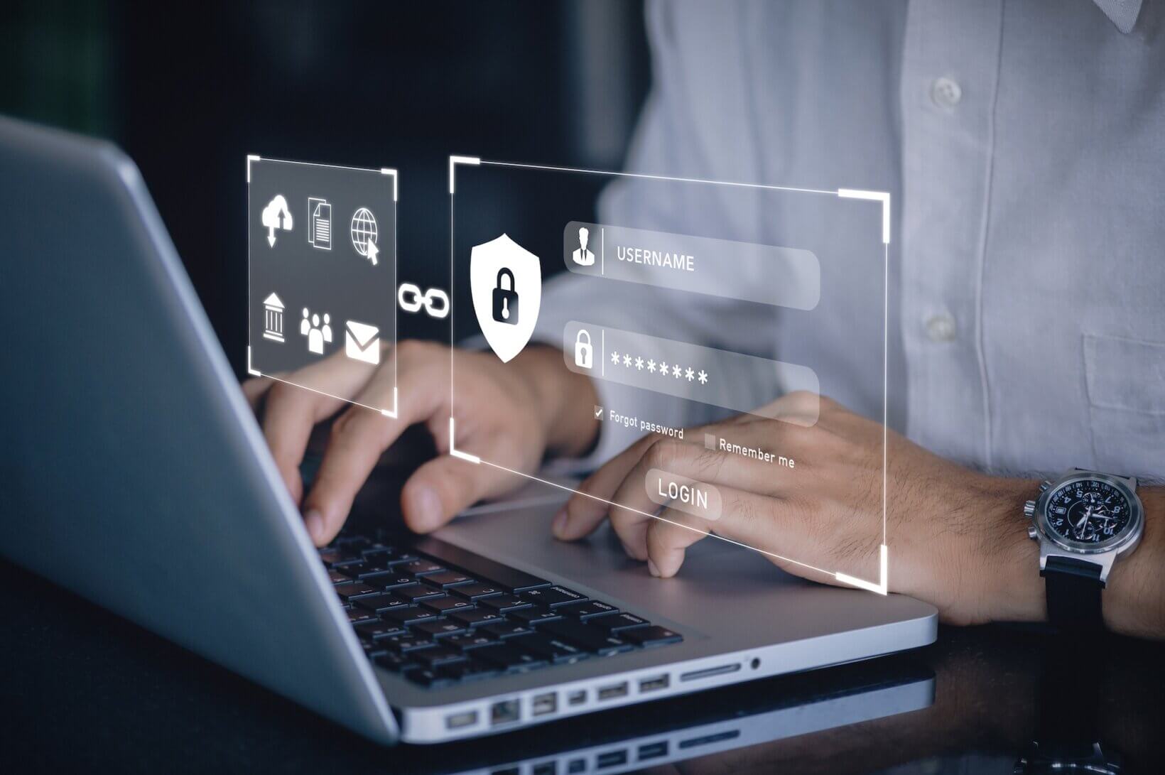 user typing login and password in the concept of cyber security, information security, data protection, and encryption for secure access to user's personal information