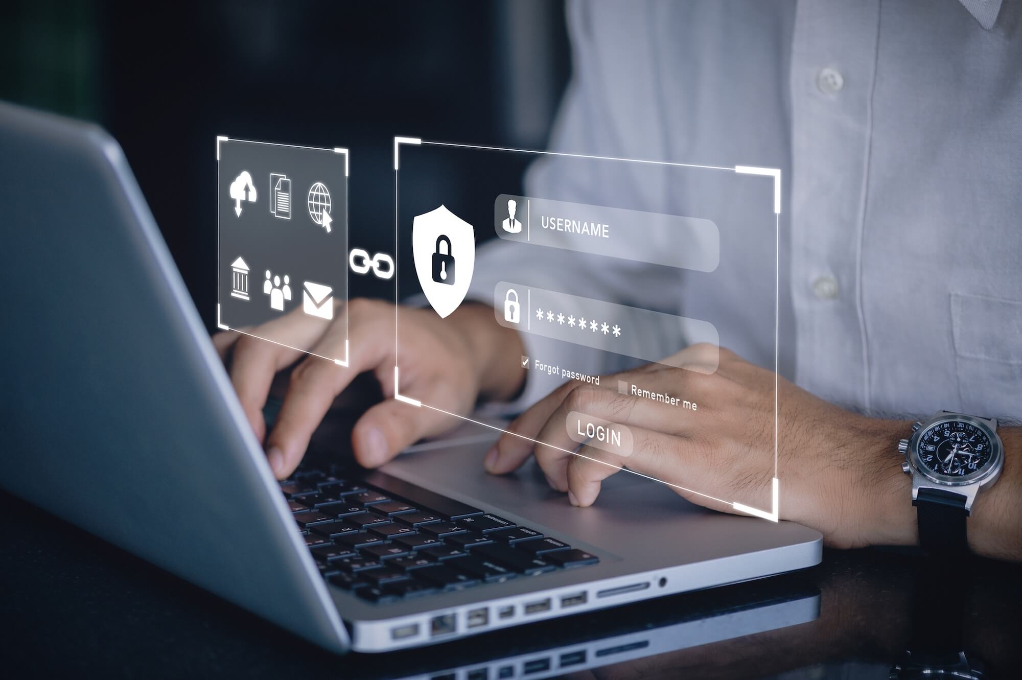 user typing login and password in the concept of cyber security, information security, data protection, and encryption for secure access to user's personal information