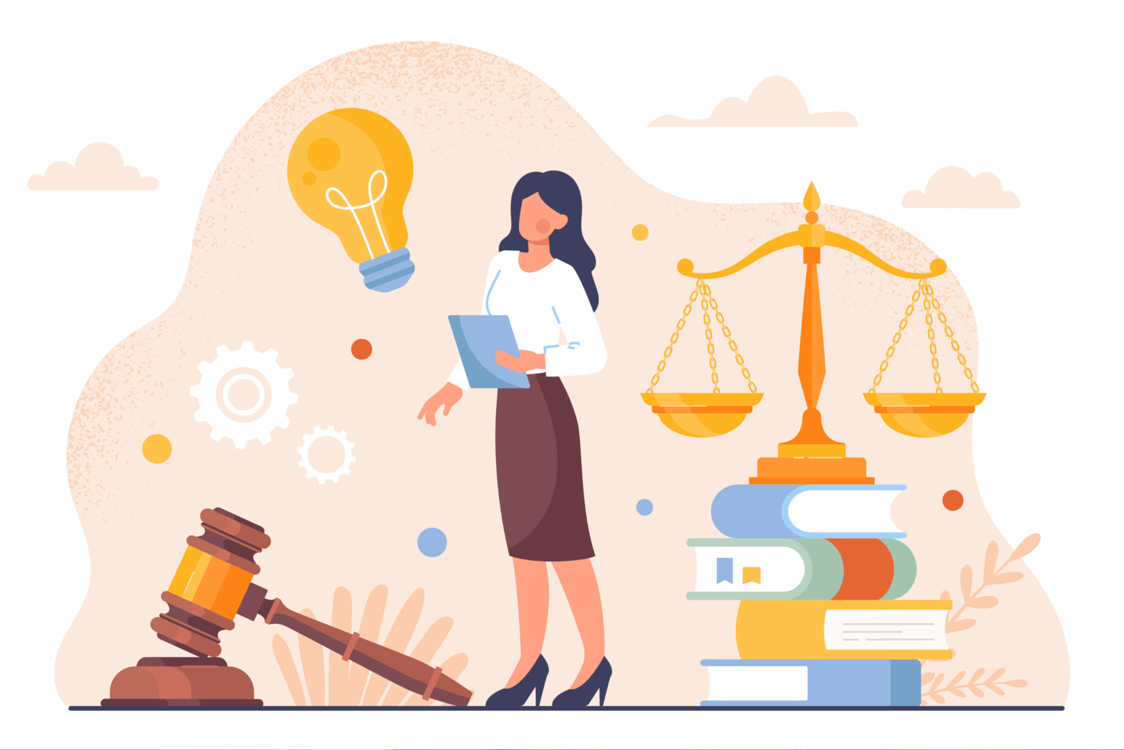 An illustration of a female attorney holding a folder next to a light bulb, a gavel, and a scale atop a stack of three books