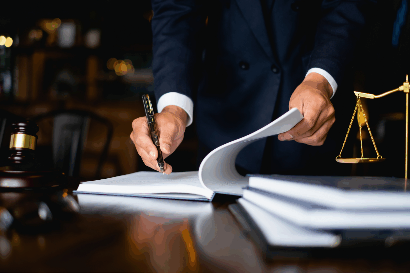 A well-dressed attorney using a fountain pen to sign a stack of papers.