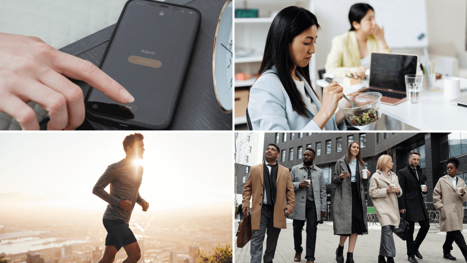 A collage of four pictures demonstrating healthy lifestyle habits for busy professionals and lawyers including eating healthy and working out