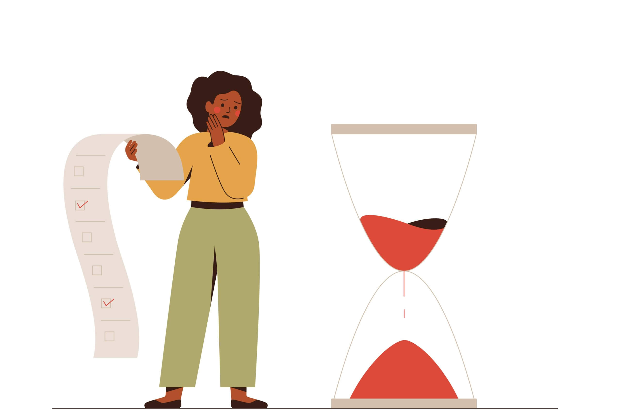 An illustration of a worried businesswoman looking at an hourglasses as she holds a long to-do list
