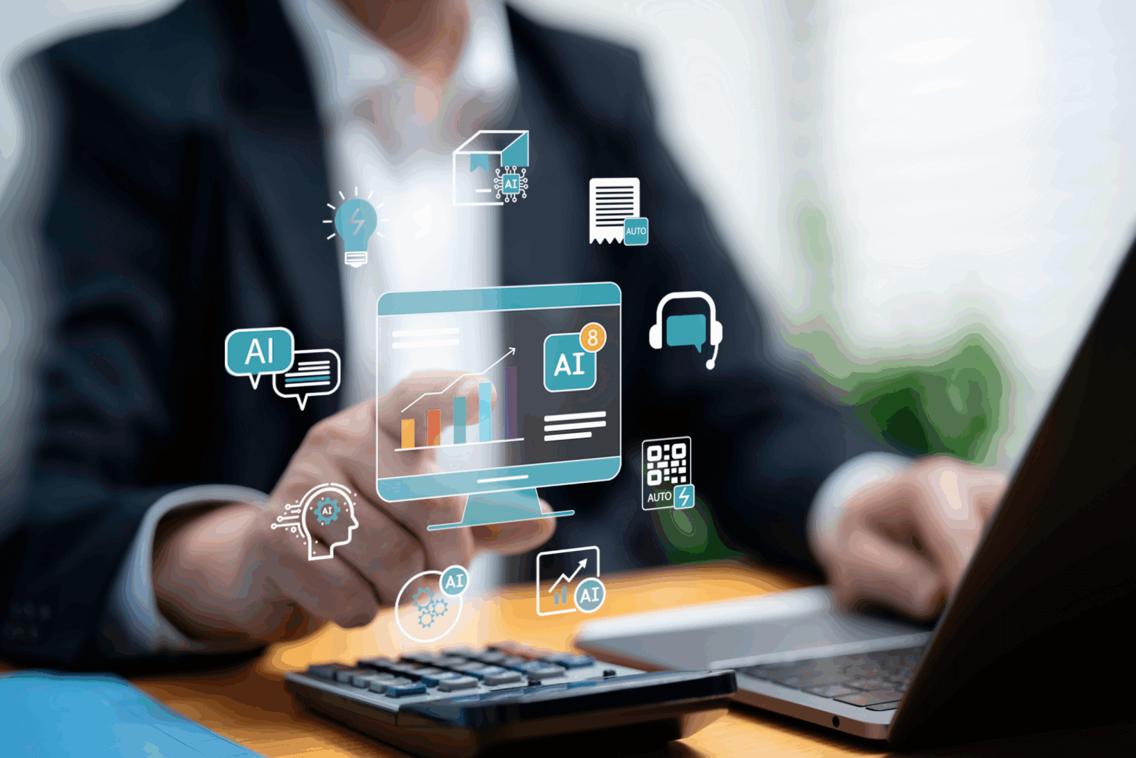 A person using a laptop with images related to artificial intelligence superimposed