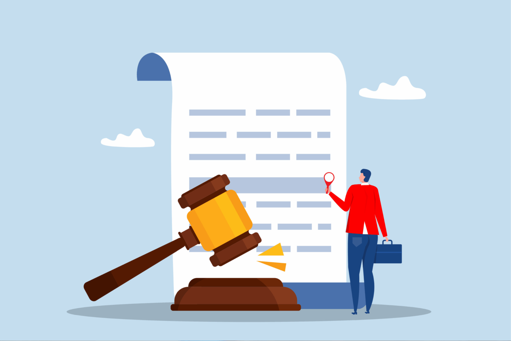 An illustration of a large document and a judge's gavel along with an individual holding a magnifying glass