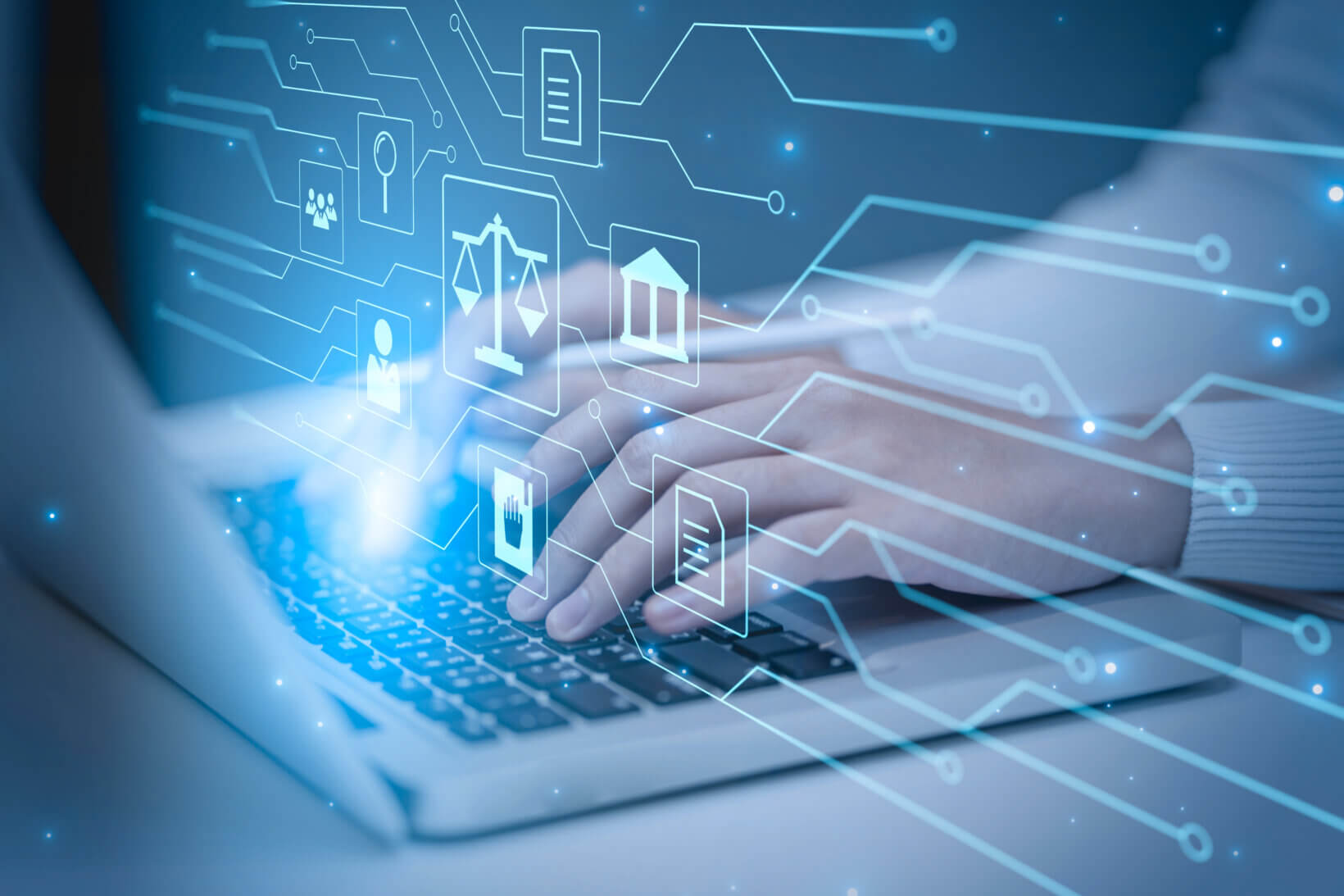 An attorney using a laptop to access AI features.