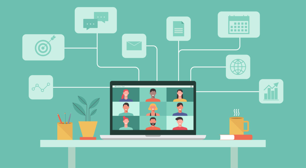 An illustration of a laptop with images of nine individuals on the screen representing a video conference. The laptop is atop a desk and there are various icons connecting to the laptop representing communication, timelines, documents, and graphs