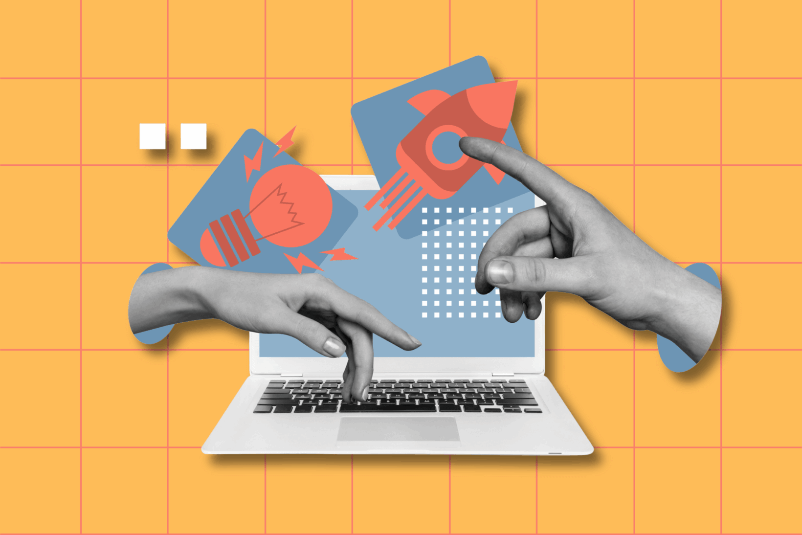 An illustration showing a laptop and two hands pointing at a light bulb and a rocket representing SEO Content Creation