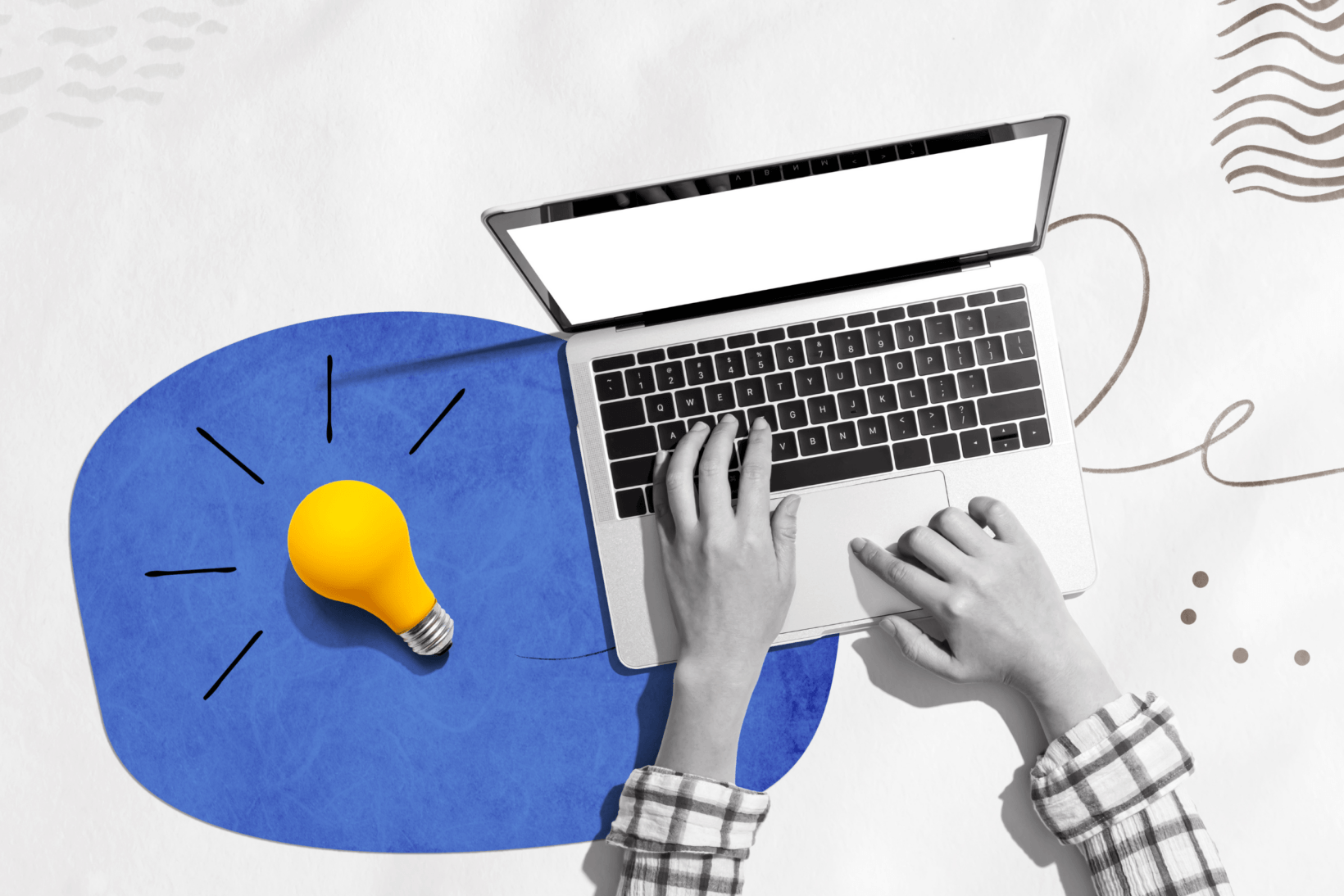 Collage of someone using a laptop next to a light bulb